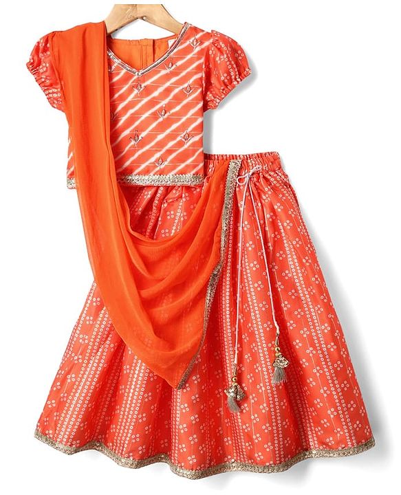 Babyhug Woven Half Sleeves Bandhani Printed Lehenga Choli Set With Embroidery Detailing & Dupatta - Orange
