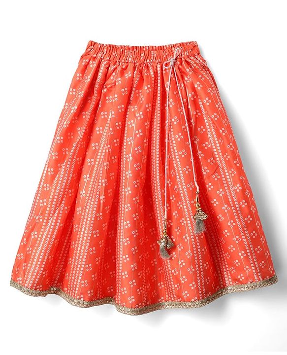 Babyhug Woven Half Sleeves Bandhani Printed Lehenga Choli Set With Embroidery Detailing & Dupatta - Orange