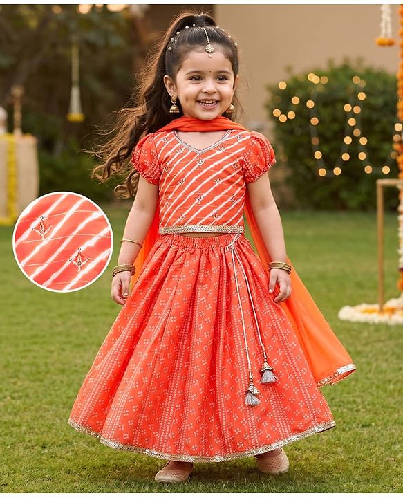 Babyhug Woven Half Sleeves Bandhani Printed Lehenga Choli Set With Embroidery Detailing & Dupatta - Orange