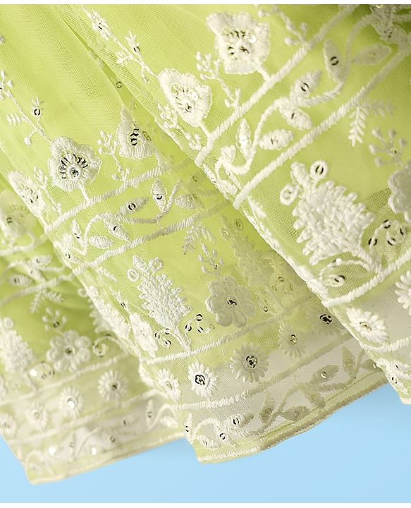 Babyhug Woven Half Sleeve Choli Lehenga And Dupatta Set with Net Sequenced & Floral Embroidery - Light Green
