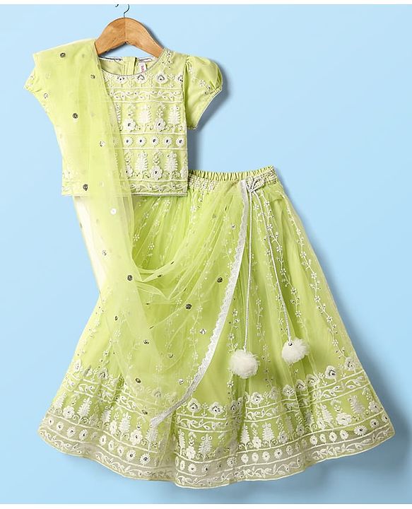 Babyhug Woven Half Sleeve Choli Lehenga And Dupatta Set with Net Sequenced & Floral Embroidery - Light Green