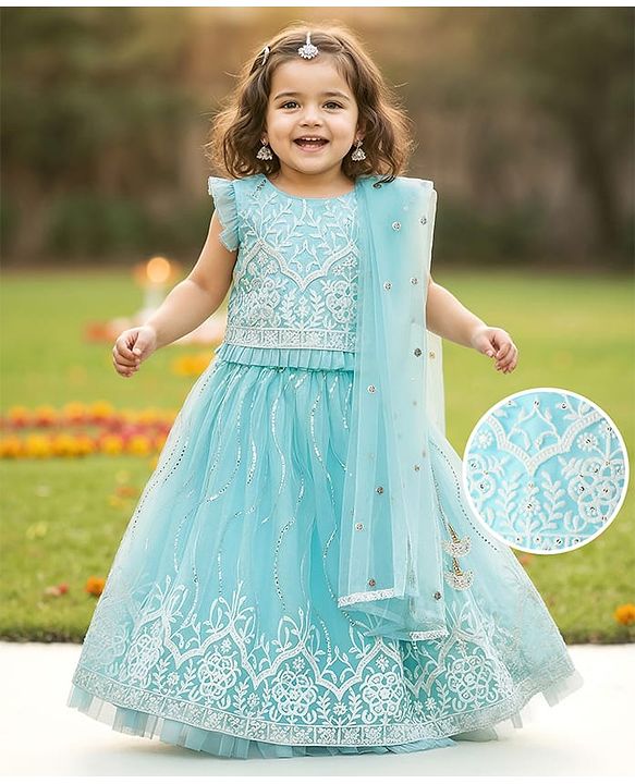 Babyhug Woven Sleeveless Choli Lehenga & Dupatta Set With Floral Embriodery - Light Blue