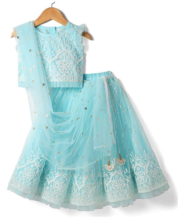 Babyhug Woven Sleeveless Choli Lehenga & Dupatta Set With Floral Embriodery - Light Blue