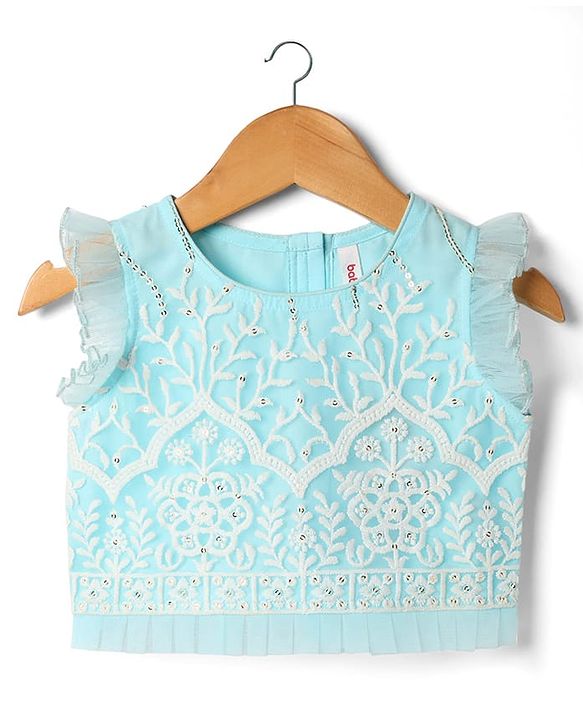 Babyhug Woven Sleeveless Choli Lehenga & Dupatta Set With Floral Embriodery - Light Blue