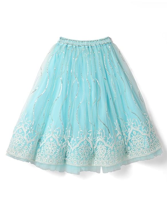 Babyhug Woven Sleeveless Choli Lehenga & Dupatta Set With Floral Embriodery - Light Blue