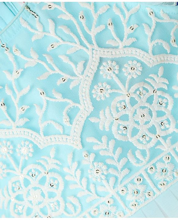 Babyhug Woven Sleeveless Choli Lehenga & Dupatta Set With Floral Embriodery - Light Blue