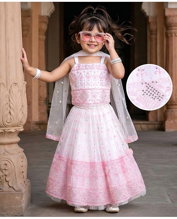 Babyhug Woven Sleeveless Lehenga Choli & Dupatta Set With Floral Embroidery & Sequin Detailing - White & Pink