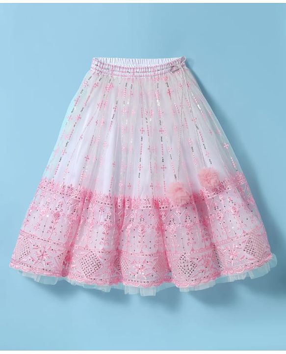 Babyhug Woven Sleeveless Lehenga Choli & Dupatta Set With Floral Embroidery & Sequin Detailing - White & Pink
