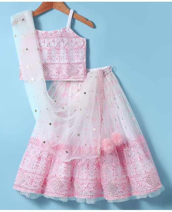 Babyhug Woven Sleeveless Lehenga Choli & Dupatta Set With Floral Embroidery & Sequin Detailing - White & Pink