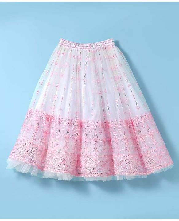 Babyhug Woven Sleeveless Lehenga Choli & Dupatta Set With Floral Embroidery & Sequin Detailing - White & Pink