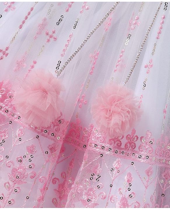 Babyhug Woven Sleeveless Lehenga Choli & Dupatta Set With Floral Embroidery & Sequin Detailing - White & Pink