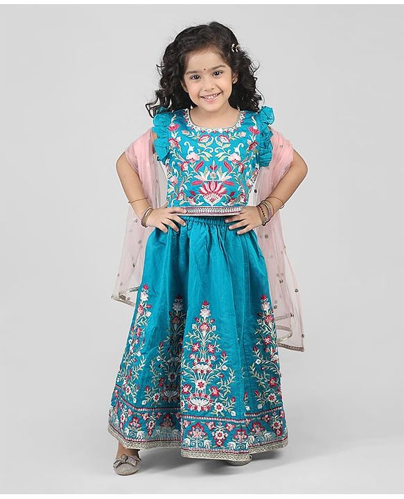 Babyhug Woven Frill Sleeves Kalli Style Embriodered Lehenga Choli & Dupatta Set - Teal Blue