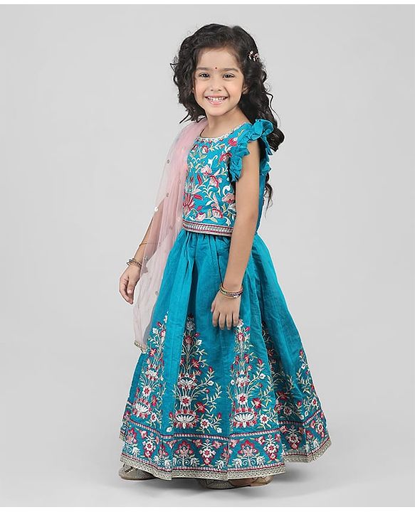 Babyhug Woven Frill Sleeves Kalli Style Embriodered Lehenga Choli & Dupatta Set - Teal Blue
