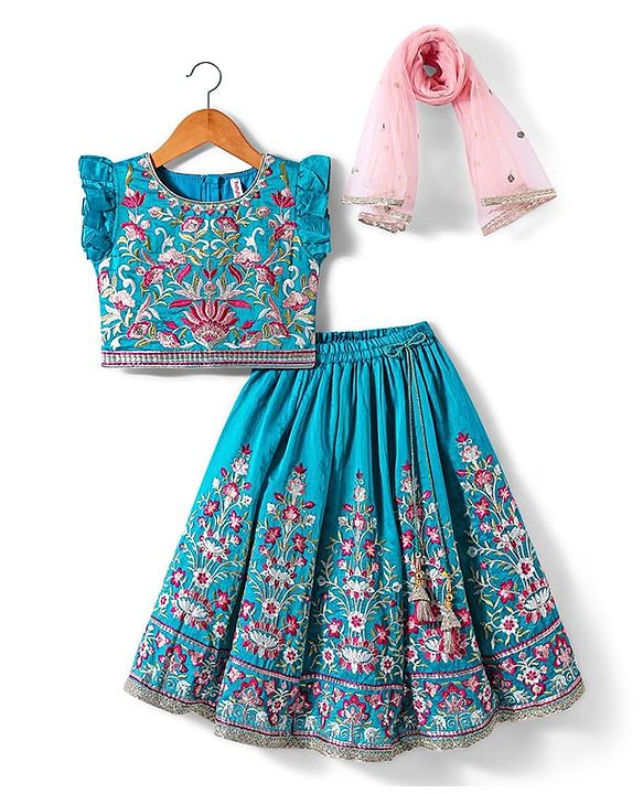 Babyhug Woven Frill Sleeves Kalli Style Embriodered Lehenga Choli & Dupatta Set - Teal Blue