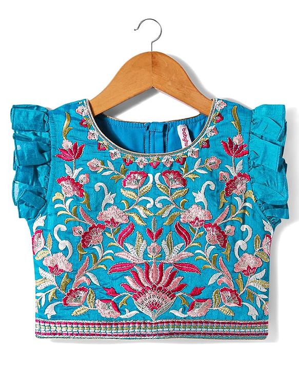 Babyhug Woven Frill Sleeves Kalli Style Embriodered Lehenga Choli & Dupatta Set - Teal Blue