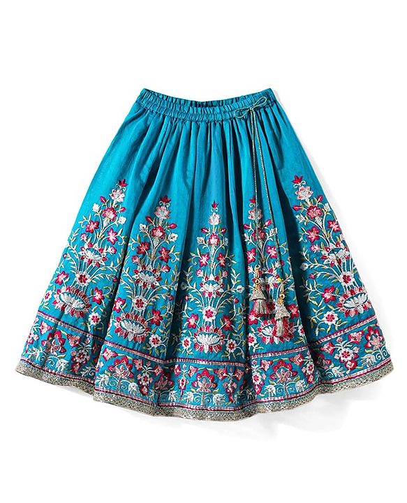 Babyhug Woven Frill Sleeves Kalli Style Embriodered Lehenga Choli & Dupatta Set - Teal Blue