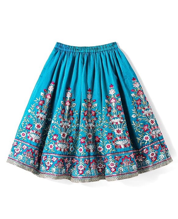 Babyhug Woven Frill Sleeves Kalli Style Embriodered Lehenga Choli & Dupatta Set - Teal Blue