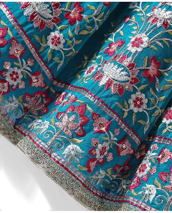 Babyhug Woven Frill Sleeves Kalli Style Embriodered Lehenga Choli & Dupatta Set - Teal Blue