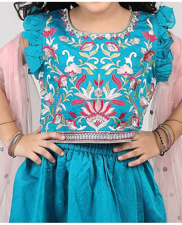 Babyhug Woven Frill Sleeves Kalli Style Embriodered Lehenga Choli & Dupatta Set - Teal Blue