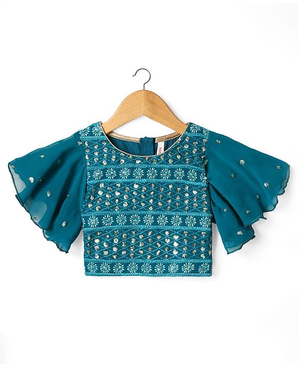 Babyhug Woven Half Sleeves Floral Embroidered Choli Lehenga & Dupatta Set - Teal Blue