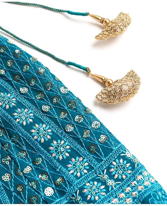 Babyhug Woven Half Sleeves Floral Embroidered Choli Lehenga & Dupatta Set - Teal Blue
