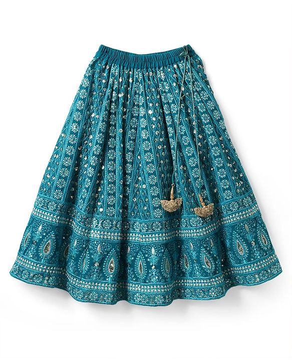 Babyhug Woven Half Sleeves Floral Embroidered Choli Lehenga & Dupatta Set - Teal Blue