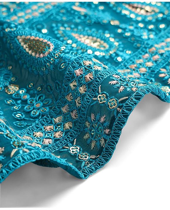 Babyhug Woven Half Sleeves Floral Embroidered Choli Lehenga & Dupatta Set - Teal Blue