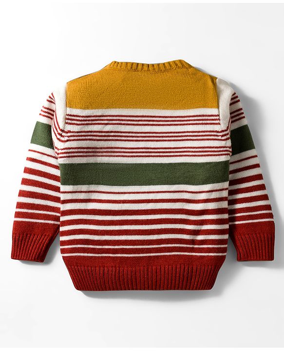 Babyhug Knitted Full Sleeves Striped Pullover Sweater With Patch Detailing - Multicolor