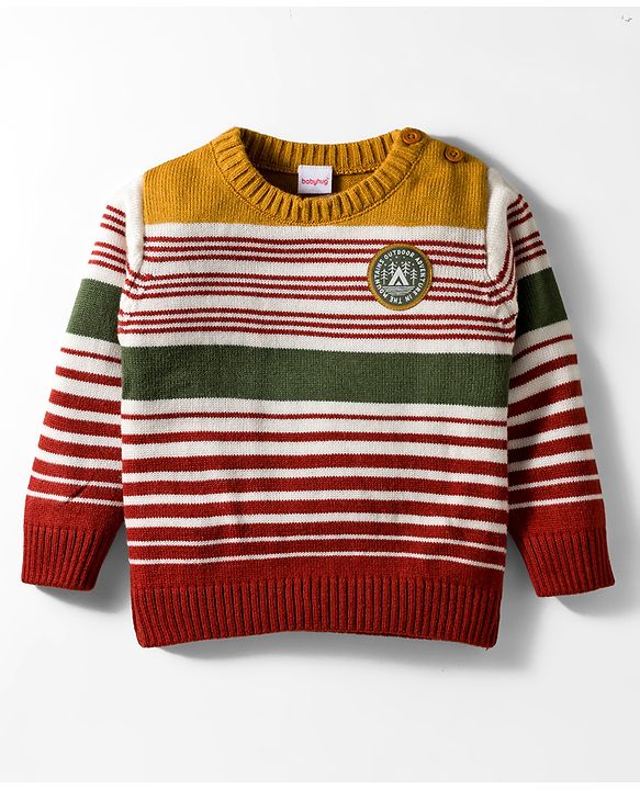 Babyhug Knitted Full Sleeves Striped Pullover Sweater With Patch Detailing - Multicolor