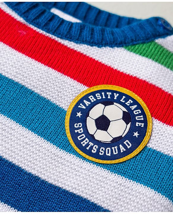 Babyhug Knitted Full Sleeves Striped Pullover Sweater With Football Patch - Multicolor