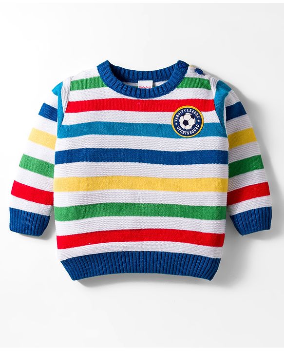 Babyhug Knitted Full Sleeves Striped Pullover Sweater With Football Patch - Multicolor