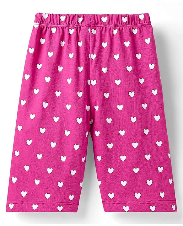 Babyhug Cotton Knit Frill Sleeves Capri Night Suit With Text & Heart Print - Pink