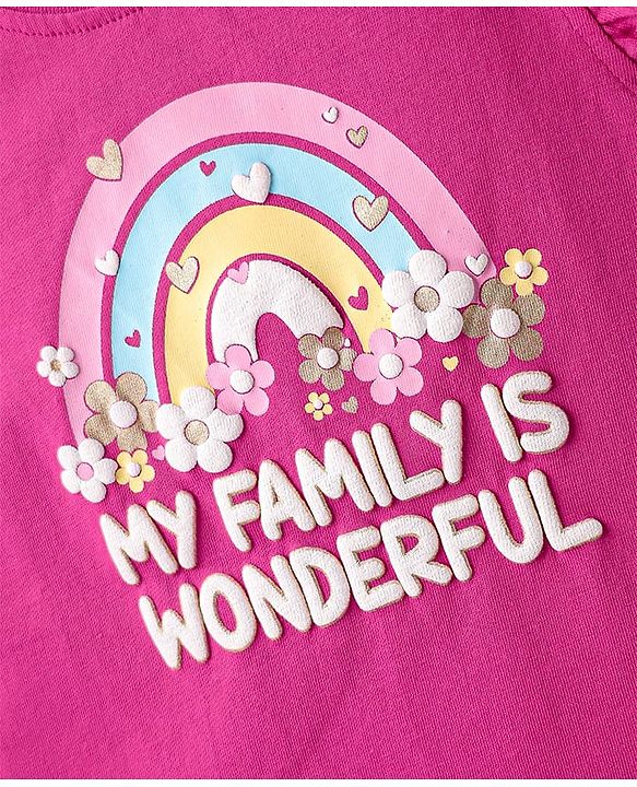 Babyhug Cotton Knit Frill Sleeves Capri Night Suit With Text & Heart Print - Pink