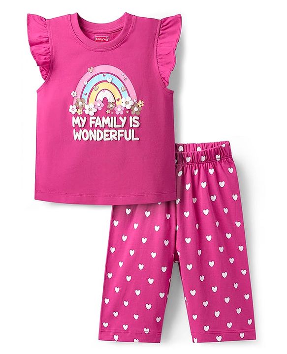 Babyhug Cotton Knit Frill Sleeves Capri Night Suit With Text & Heart Print - Pink