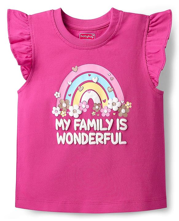 Babyhug Cotton Knit Frill Sleeves Capri Night Suit With Text & Heart Print - Pink