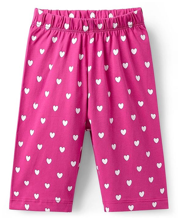 Babyhug Cotton Knit Frill Sleeves Capri Night Suit With Text & Heart Print - Pink