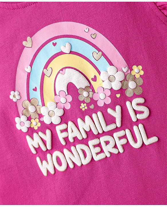 Babyhug Cotton Knit Frill Sleeves Capri Night Suit With Text & Heart Print - Pink