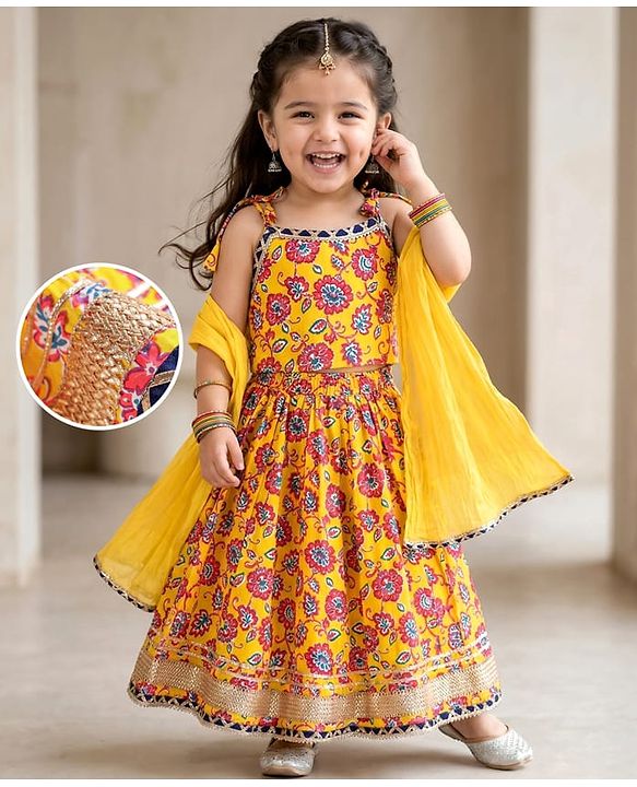 Babyhug 100% Cotton Woven Sleeveless Floral Print Lehenga Choli and Dupatta Set - Yellow