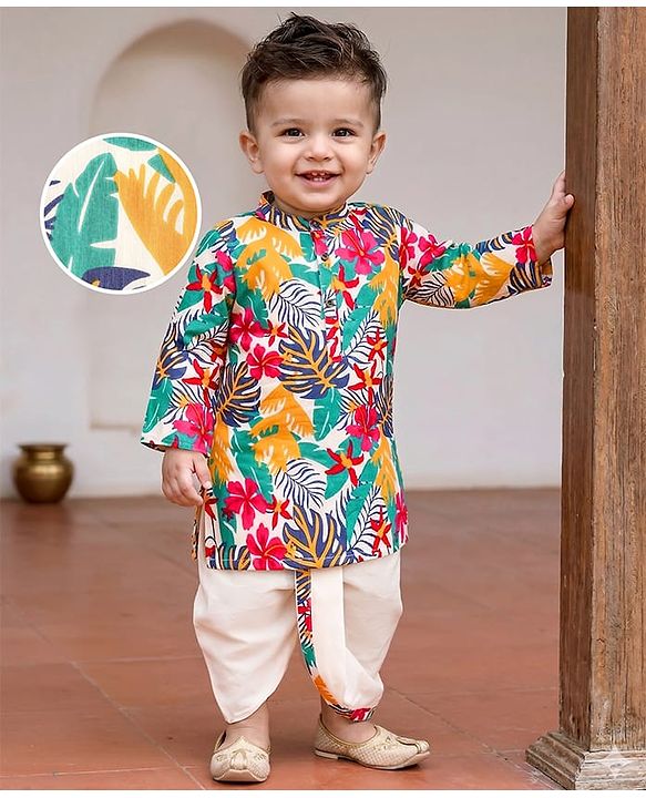 Babyhug Cotton Woven Full Sleeves Kurta Dhoti Set with Tropical Cabric Print - Multicolor