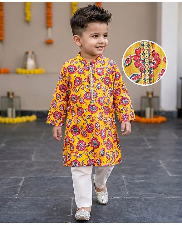 Babyhug Cotton Woven Mandarin Collar Full Sleeves Kurta Pajama Set With Floral Print - Yellow
