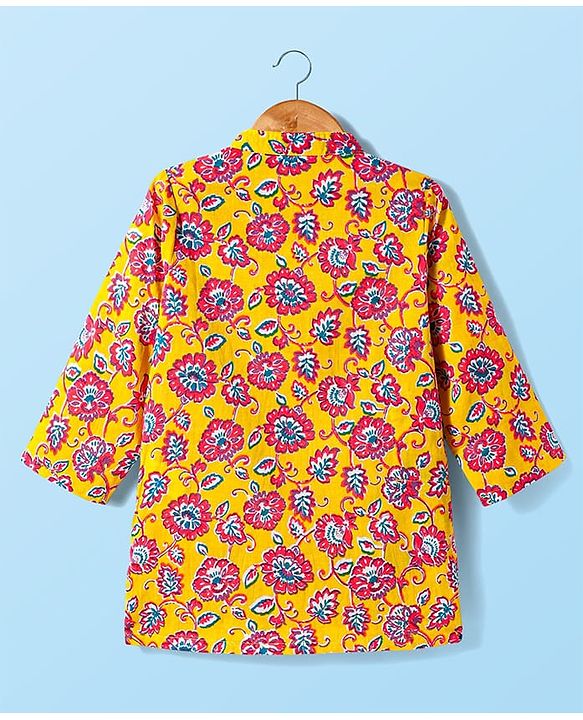 Babyhug Cotton Woven Mandarin Collar Full Sleeves Kurta Pajama Set With Floral Print - Yellow