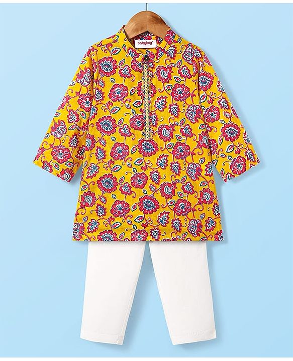 Babyhug Cotton Woven Mandarin Collar Full Sleeves Kurta Pajama Set With Floral Print - Yellow