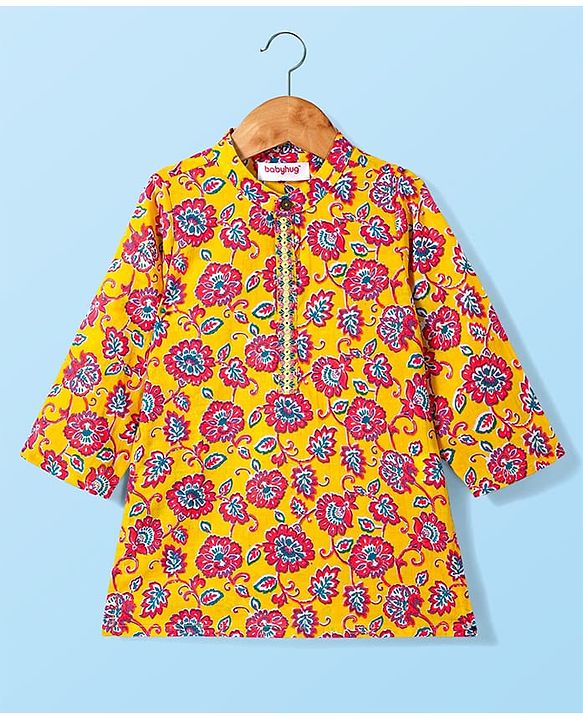 Babyhug Cotton Woven Mandarin Collar Full Sleeves Kurta Pajama Set With Floral Print - Yellow