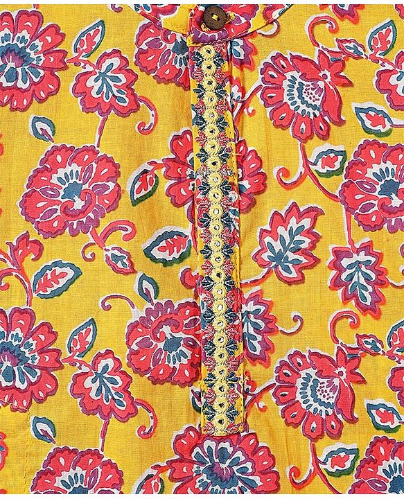 Babyhug Cotton Woven Mandarin Collar Full Sleeves Kurta Pajama Set With Floral Print - Yellow