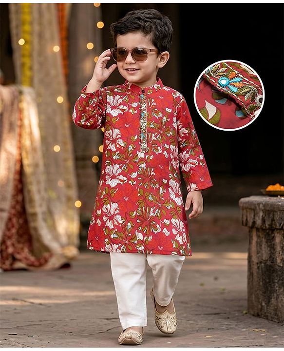 Babyhug Cotton Woven Full Sleeves Floral Cambric Printed Kurta Pajama Set - Orange & White