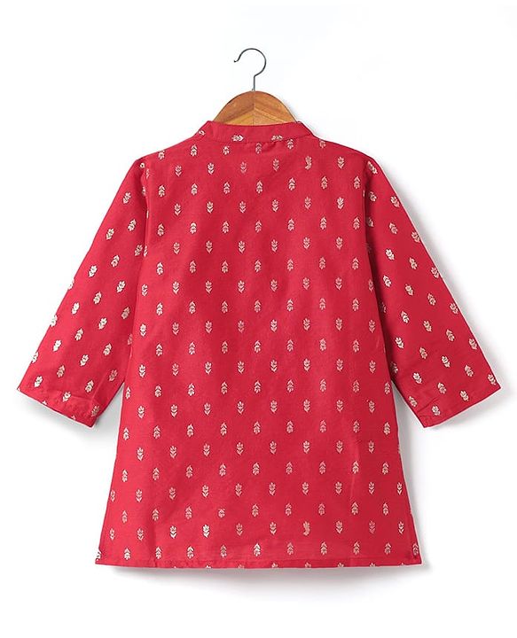 Babyhug Woven Mandarin Collar Full Sleeves Kurta Pyjama Set With Foil Print - Red