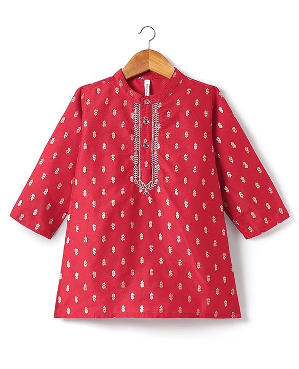 Babyhug Woven Mandarin Collar Full Sleeves Kurta Pyjama Set With Foil Print - Red