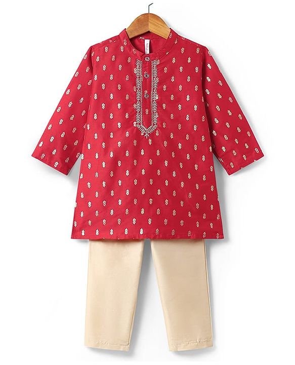Babyhug Woven Mandarin Collar Full Sleeves Kurta Pyjama Set With Foil Print - Red