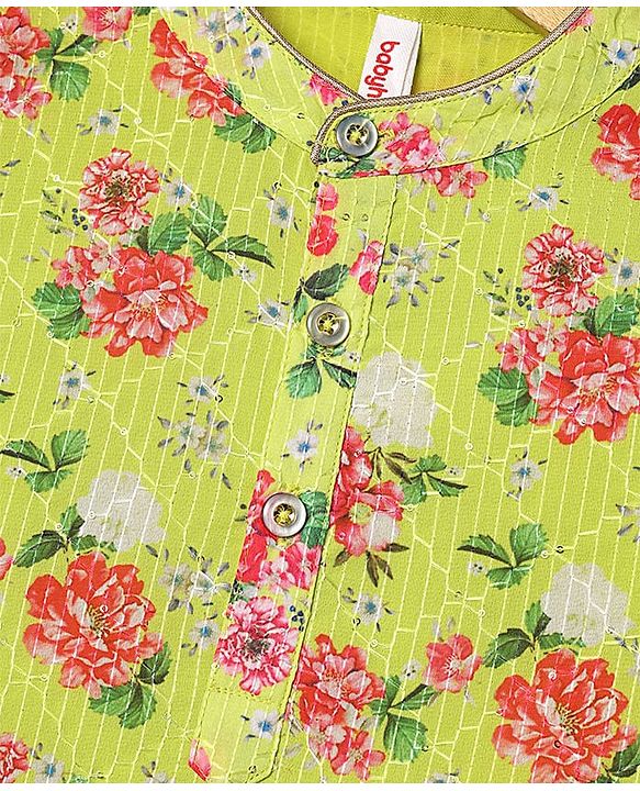 Babyhug Woven Mandarin Collar Full Length Kurta Pajama Set With Floral Print - Green