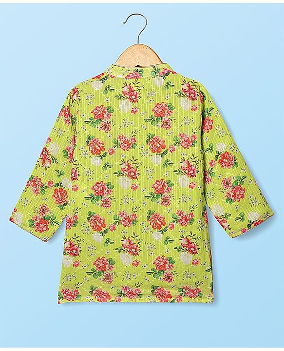 Babyhug Woven Mandarin Collar Full Length Kurta Pajama Set With Floral Print - Green